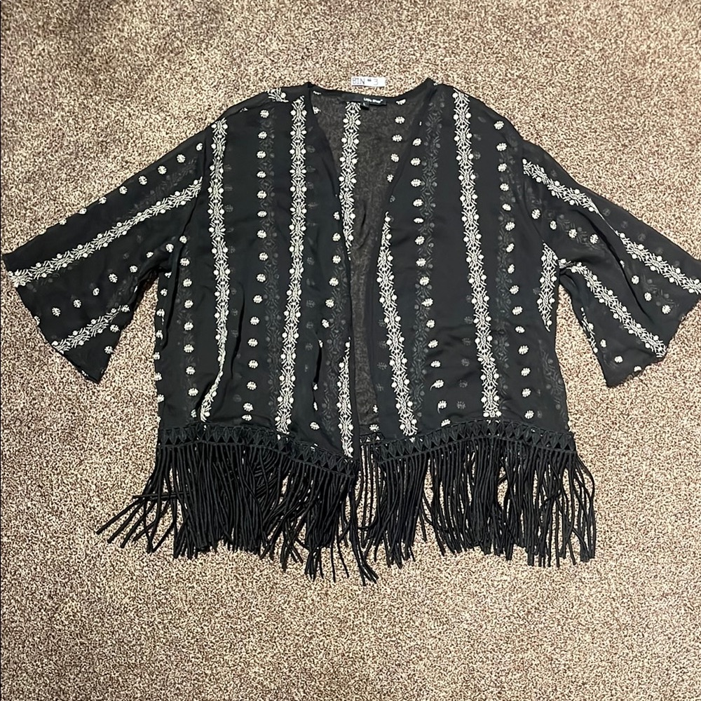 2/$20 Black Fringe Blouse With White Accents